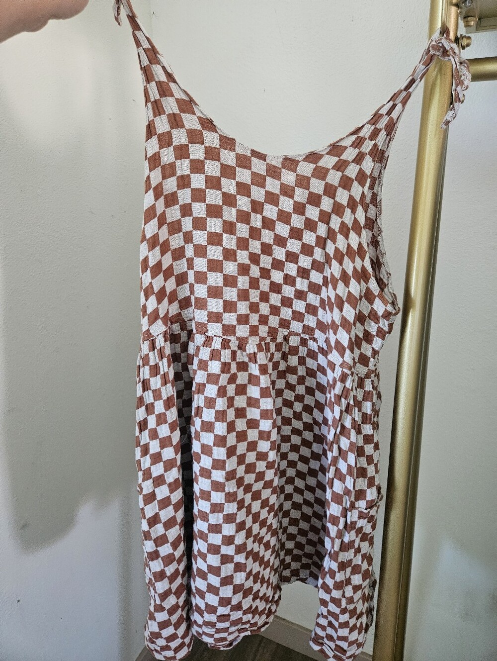 Rylee&cru Checkerboard Tie-Strap Sundress in Rust & White